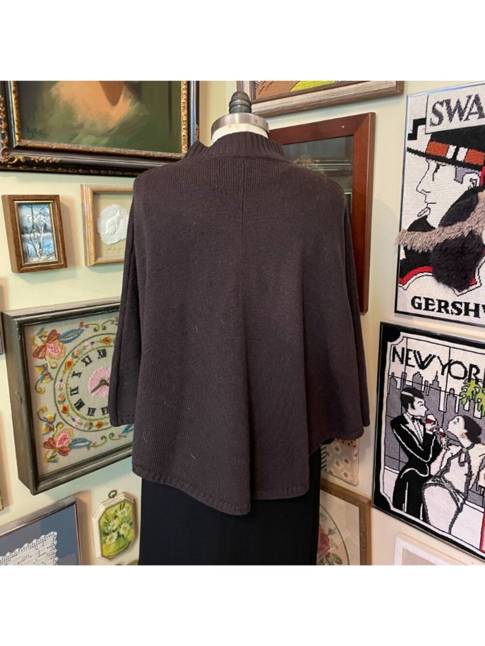 Pendleton Deep Brown 100% Merino Wool Cable Knit Cape OSFM - Picture 3 of 8
